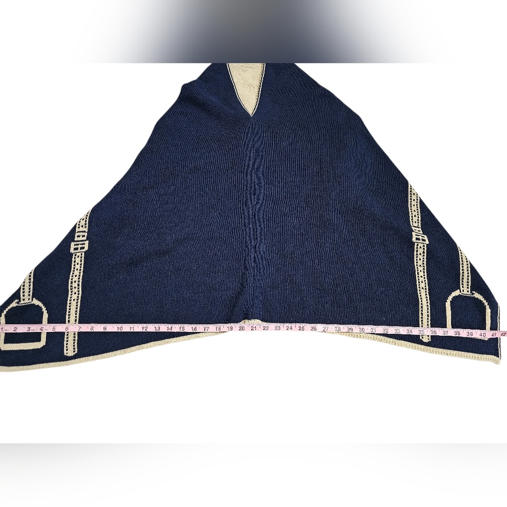 In2Green Womens Navy Tan Recycled Cotton Knit Poncho Belt Print Wrap Cape USA - Picture 7 of 8